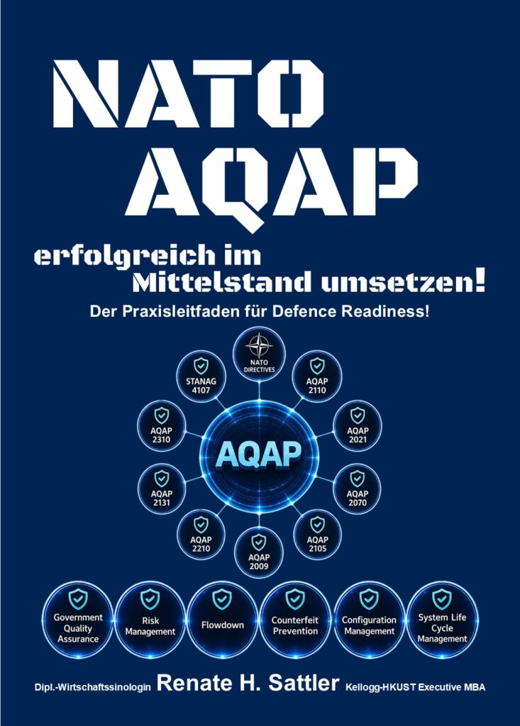 „NATO AQAP im Mittelstand erfolgreich umsetzen!“ mit dem Untertitel „Der Praxisleitfaden für Defence Readiness!“ von Dipl.-Wirtschaftssinologin Renate H. Sattler Kellogg-HKUST Executive MBA, siehe https://fzco.eu/978-3-69250-050-8