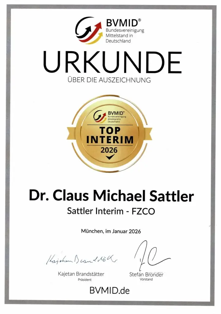 TOP INTERIM-Auszeichnung durch die BVMID - Bundesvereinigung Mittelstand in Deutschland an Dr. Claus Michael Sattler