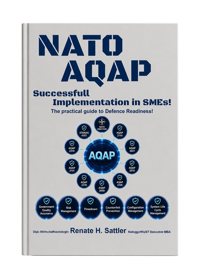 „NATO AQAP Successful Implementation in SME!“ mit dem Untertitel „The pracitcal guide to Defence Readiness!“ von Dipl.-Wirtschaftssinologin Renate H. Sattler Kellogg-HKUST Executive MBA, siehe https://www.fzco.eu/978-3-69250-051-5