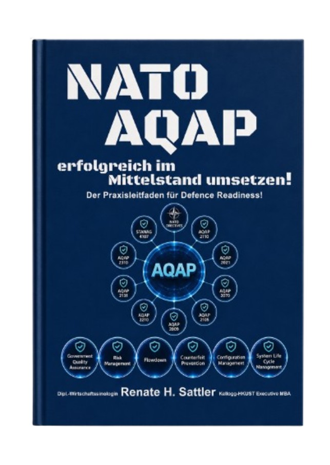 „NATO AQAP erfolgreich im Mittelstand umsetzen!“ mit dem Untertitel „Der Praxisleitfaden für Defence Readiness!“ von Dipl.-Wirtschaftssinologin Renate H. Sattler Kellogg-HKUST Executive MBA, siehe https://www.fzco.eu/978-3-69250-050-8