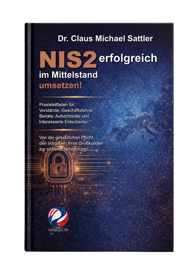 „NIS2 erfolgreich im Mittelstand umsetzen!“ mit dem Untertitel „Praxisleitfaden für Vorstände, Geschäftsführer, Beiräte, Aufsichtsräte und interessierte Entscheider – Von der gesetzlichen Pflicht, den Vorgaben Ihres Großkunden zur sicheren Umsetzung!“ von Dr. Claus Michael Sattler, siehe https://www.fzco.eu/978-3-69250-027-0