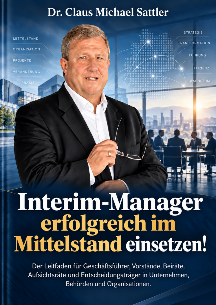 „Interim-Manager erfolgreich im Mittelstand einsetzen!“ mit dem Untertitel „Der Leitfaden für Geschäftsführer, Vorstände, Beiräte, Aufsichtsräte und Entscheidungsträger in Unternehmen, Behörden und Organisationen.“ von Dr. Claus Michael Sattler, siehe https://www.fzco.eu/978-3-69250-037-9 (Hardcover-Version) und https://www.fzco.eu/978-3-69250-038-6 (kostenlose eBook-/ePub- und PDF-Version),